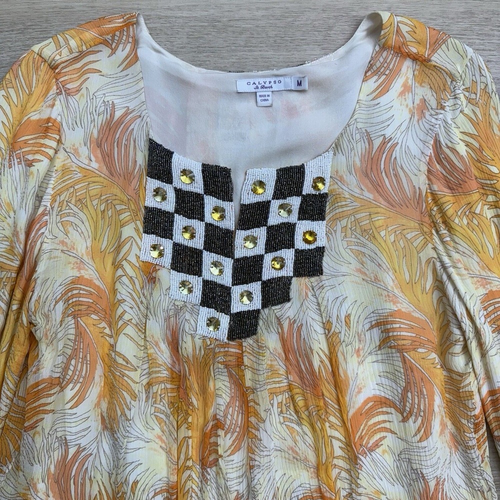 Calypso st‎ Barth Beaded Silk Split Neck Tunic Blouse Tropical Luxury Womens Med - Picture 2 of 16